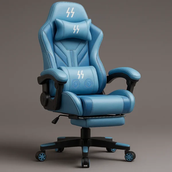 Silla gamer color celeste con cojín lumbar